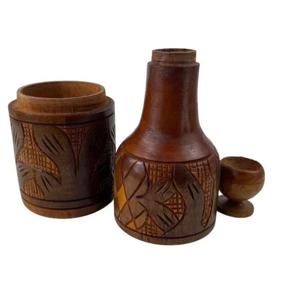 Handcrafted Carved Wooden 3 Piece Bottle Holder Lid Cup - Picture 16 of 16